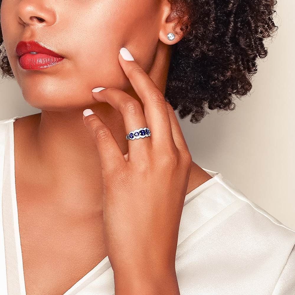 Oval Sapphire & Diamond Scalloped Ring in White Gold