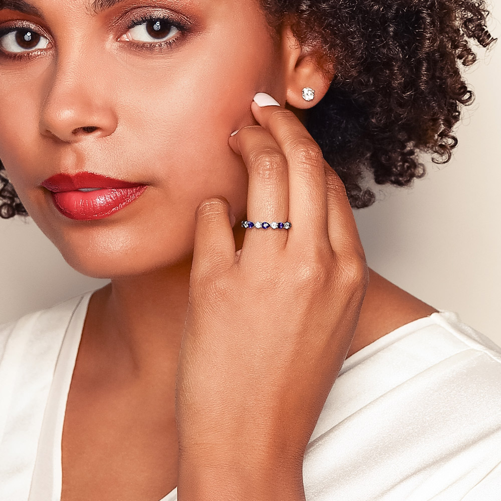 Pear Shaped Sapphire & Round Diamond Alternating Band Ring in White Gold