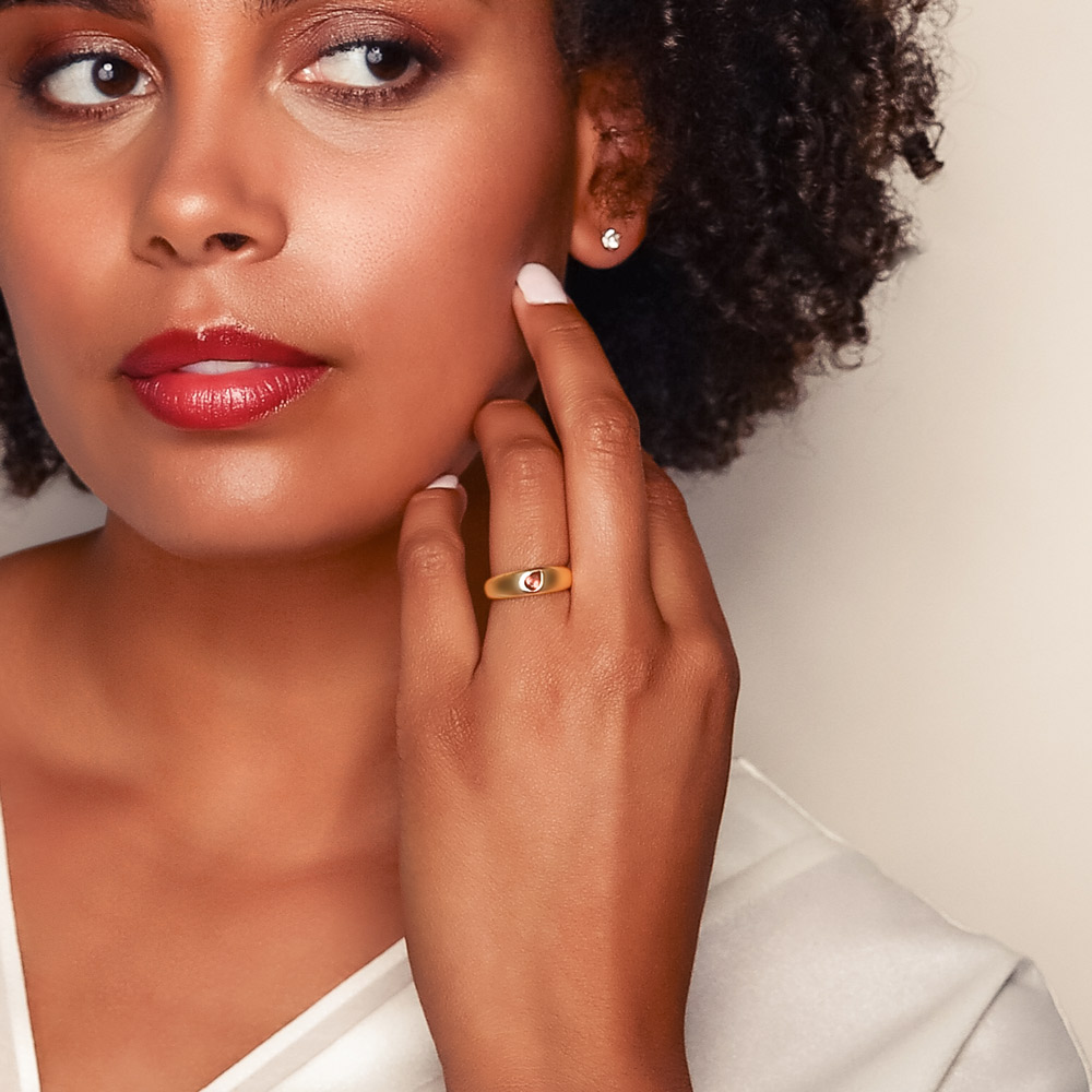 Pear Shaped Ruby Flush Set Ring in Yellow Gold