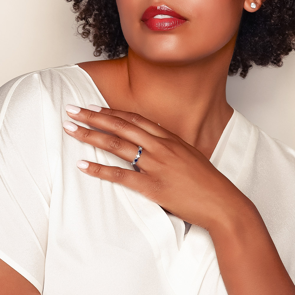 Oval Sapphire & Diamond Cluster Band Ring in White Gold with Milgrain