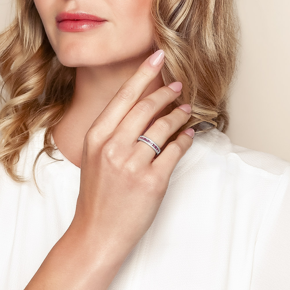 Pink Sapphire Baguette & Diamond 3 Row Band Ring in White Gold