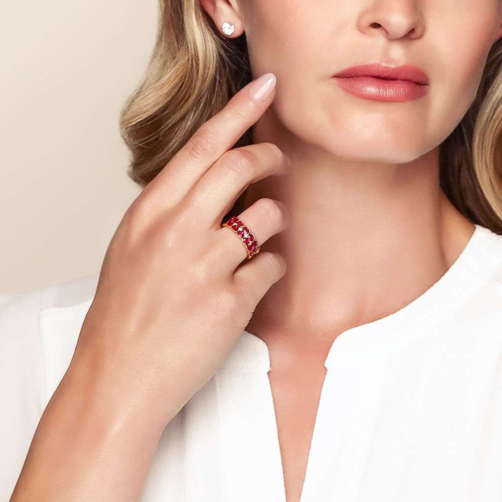 Oval Ruby & Diamond 2 Row Ring ni Yellow Gold