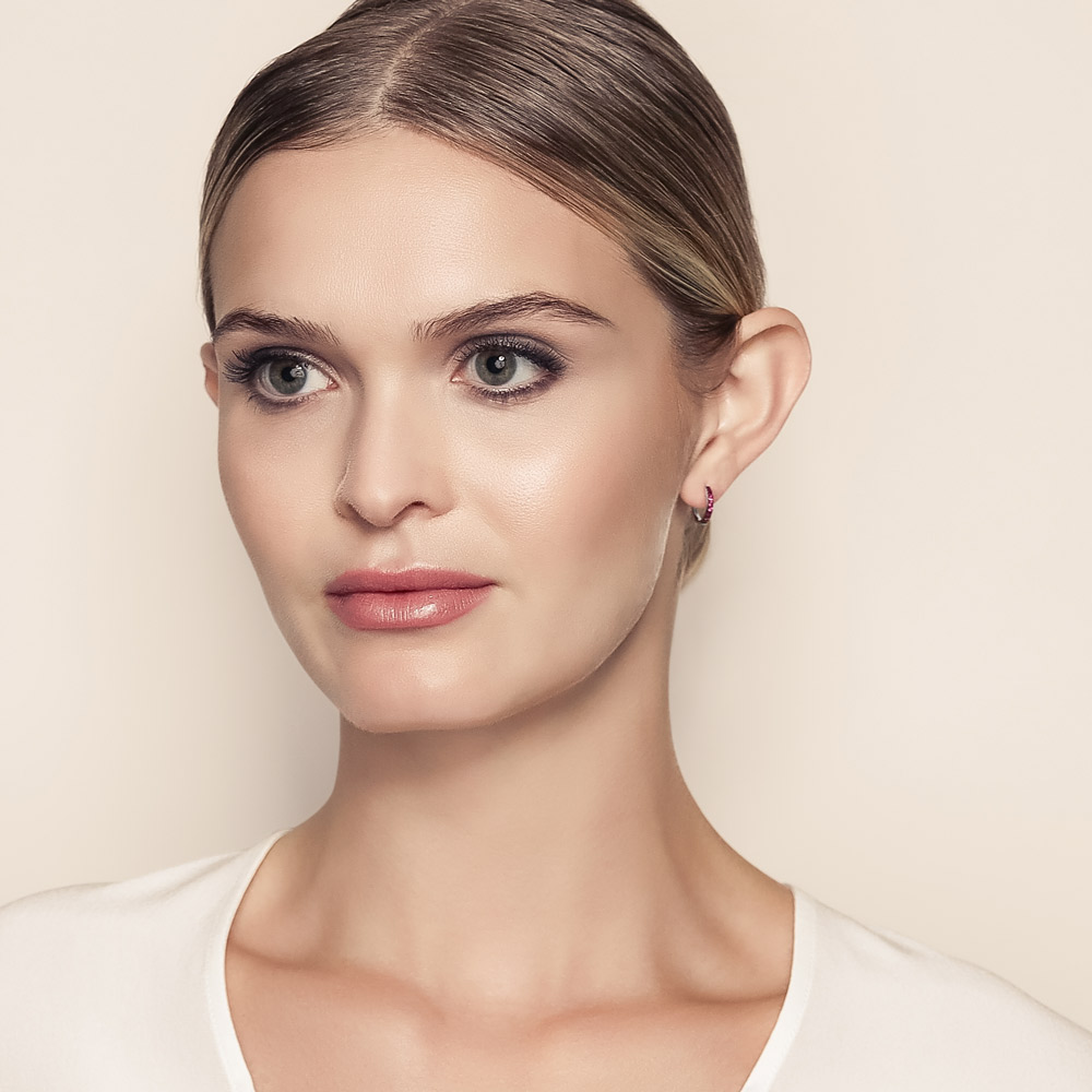 Round Ruby Huggie Hoop Earrings in Black Rhodium & White Gold