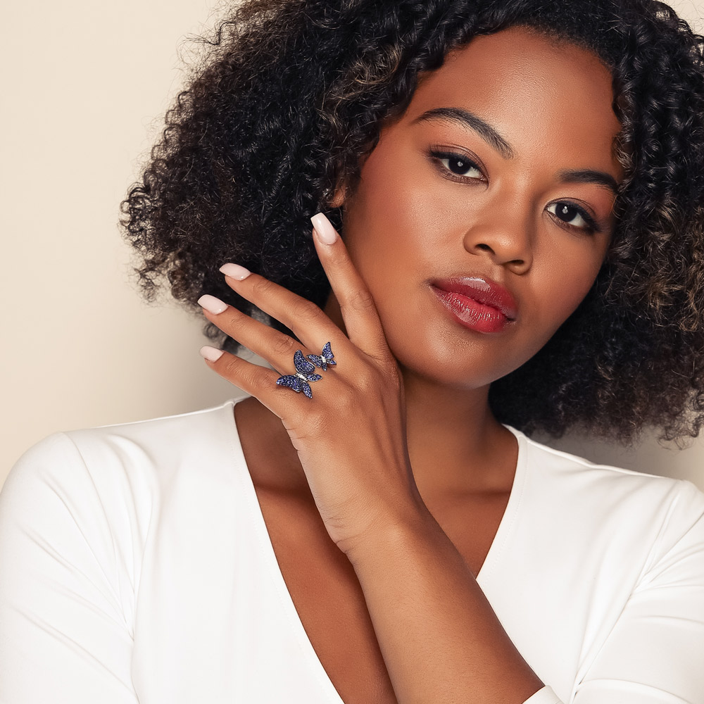 Sapphire Pave & Diamond Butterfly Duo Open Wrap Ring in White Gold