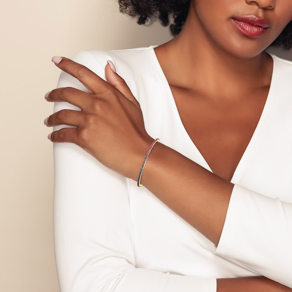 Demeglio Extensible Multicolored Rainbow Sapphire Stretch Tennis Bracelet in Yellow Gold