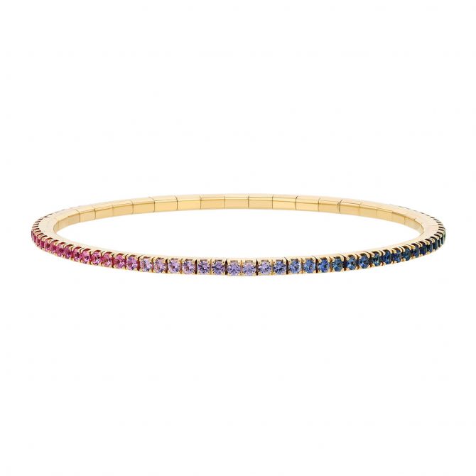 Demeglio Extensible Multicolored Rainbow Sapphire Stretch Tennis Bracelet in Yellow Gold