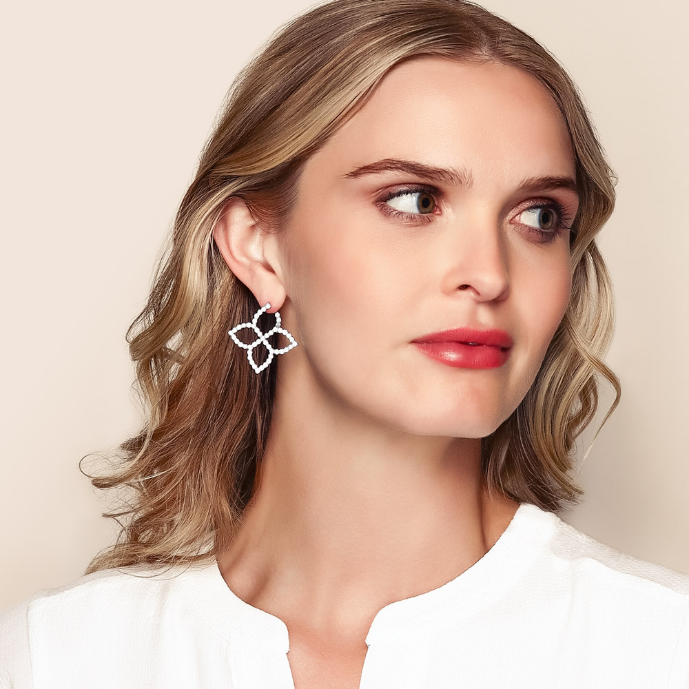 Roberto Coin Princess Flower Large Open White Gold Earrings with Diamonds