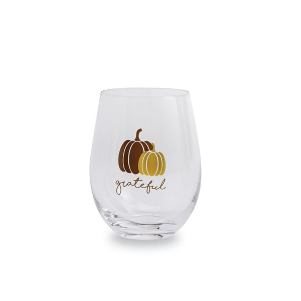 Mud Pie Thanksgiving Stemless Wine Glass, Grateful 44600001G Borsheims