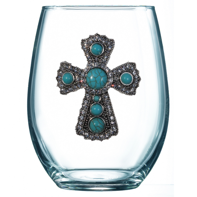 The Queens' Jewels Turquoise Cross Stemless Wine Glass