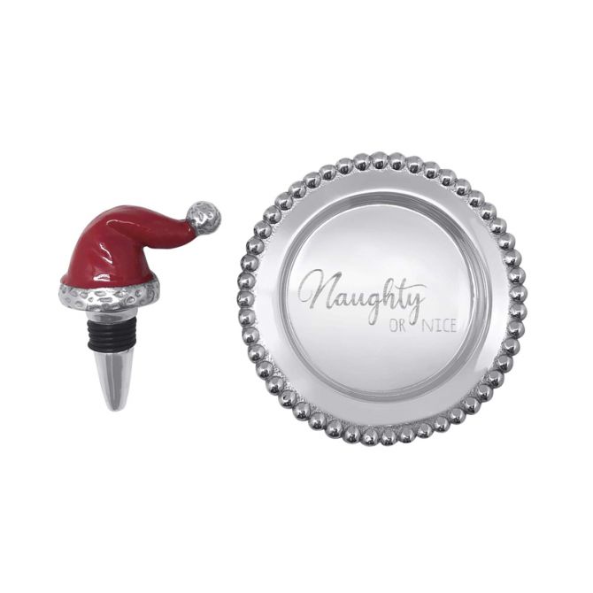 Mariposa Red Santa Hat and Naughty or Nice Wine Plate Set
