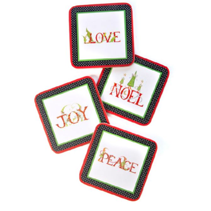 MacKenzie-Childs Patience Brewster Season's Greetings! Cork Back Coasters, Set of 4