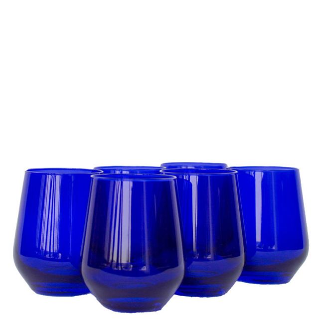 Hand Blown Glass: Blue Stemless Wine Glass 