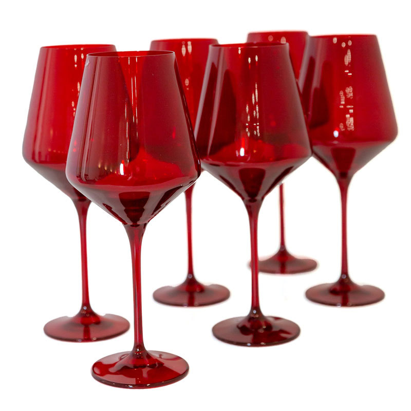 Red Colored Stemmed Wine Glasses, Set of 6