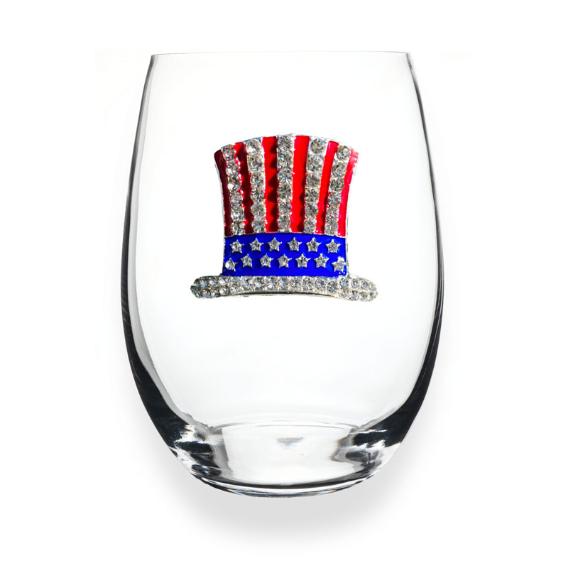 The Queens' Jewels Red White and Blue Patriotic Hat Jeweled Stemless Wine Glass