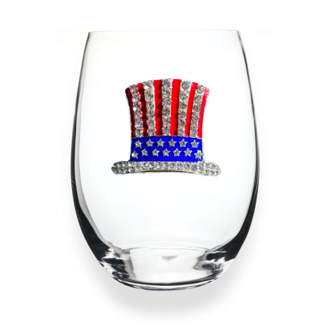 The Queens' Jewels Red White and Blue Patriotic Hat Jeweled Stemless Wine Glass