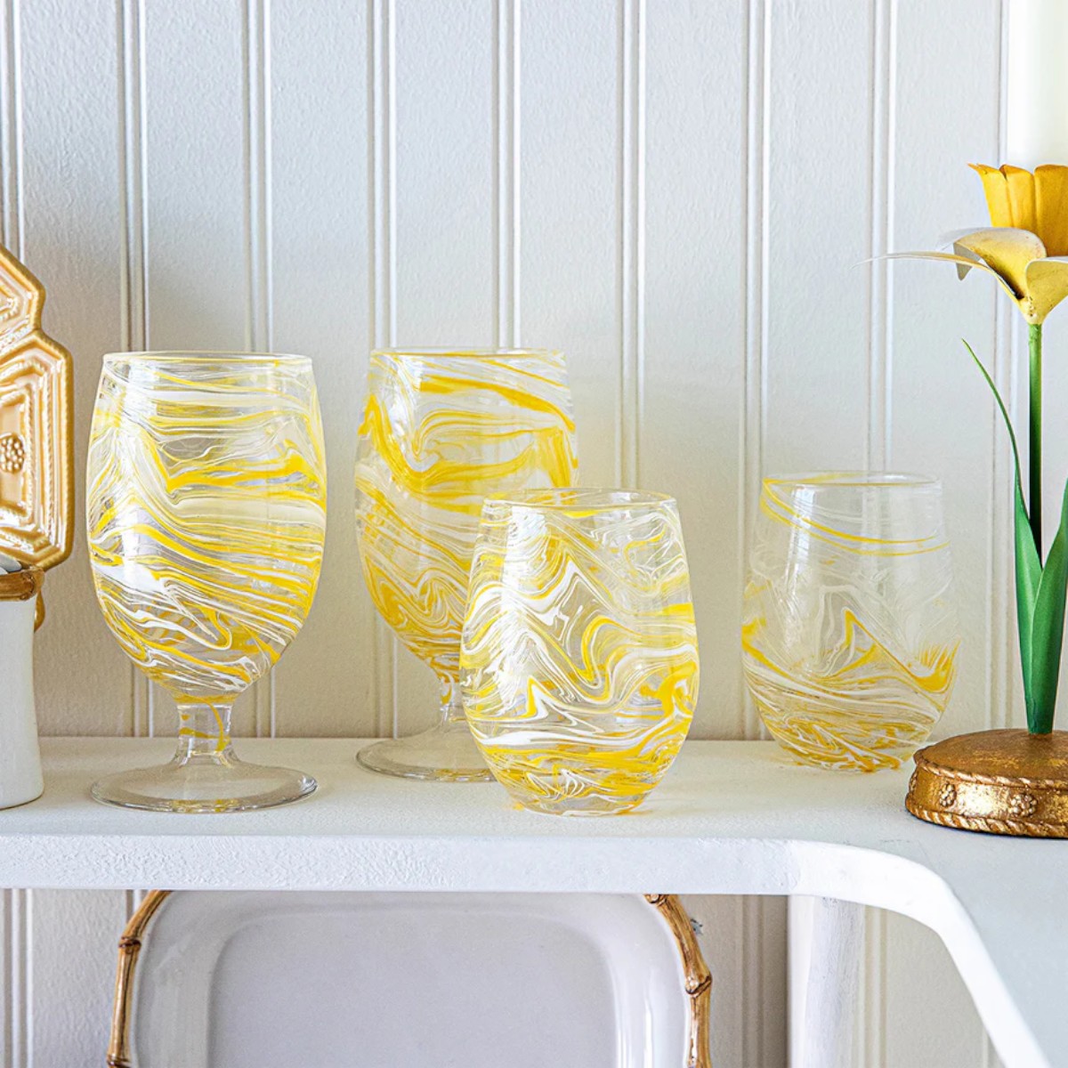 Juliska Puro Marbled Stemless Wine Glass, Yellow