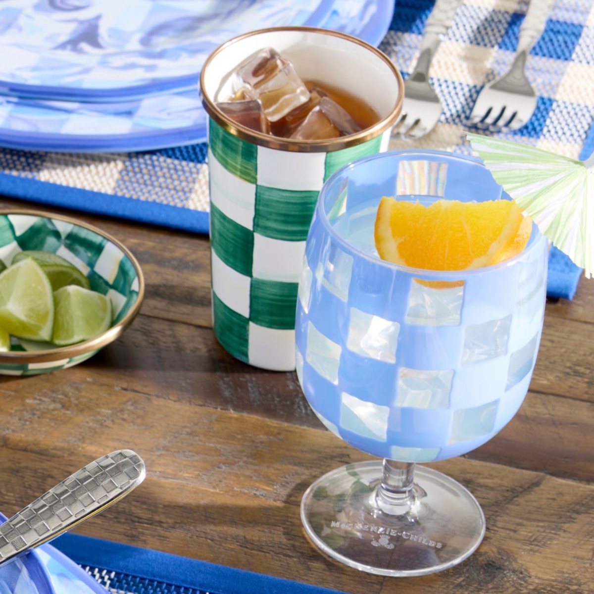 MacKenzie-Childs Blue Check Acrylic Water Goblets, Set of 4