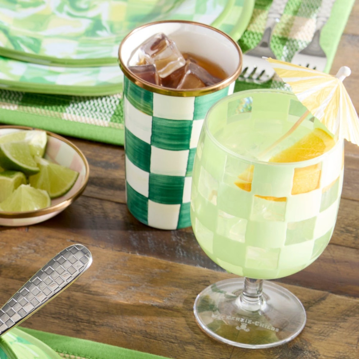 MacKenzie-Childs Green Check Acrylic Water Goblets, Set of 4