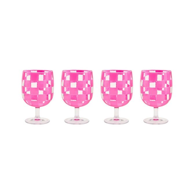 MacKenzie-Childs Pink Check Acrylic Water Goblets, Set of 4