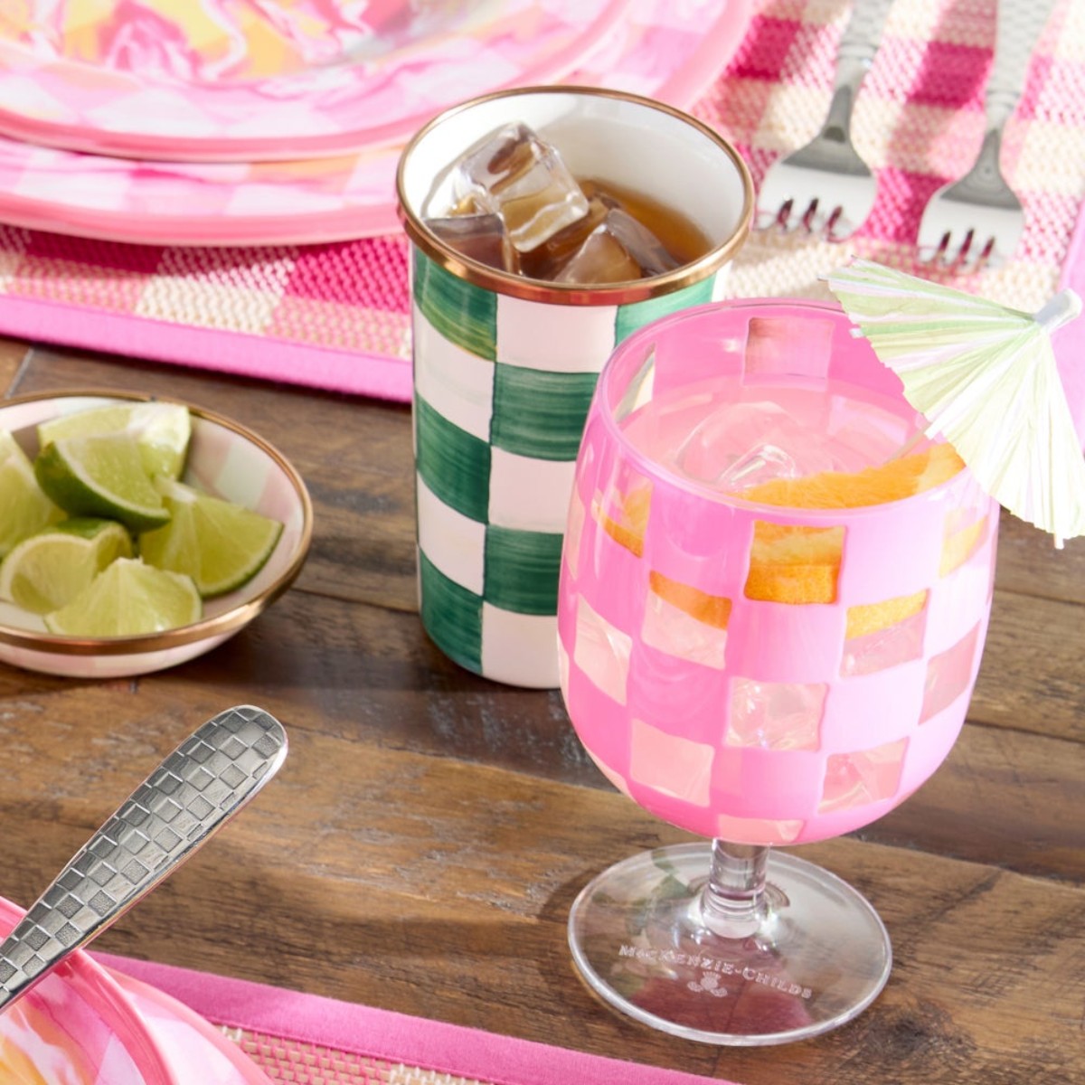 MacKenzie-Childs Pink Check Acrylic Water Goblets, Set of 4