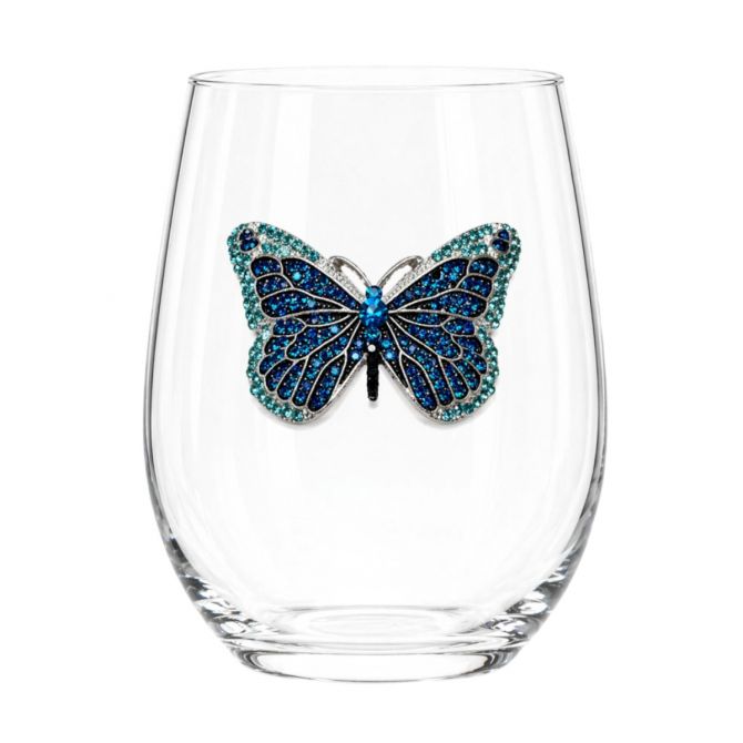 The Queens' Jewels Blue Butterfly Stemless Wine Glass