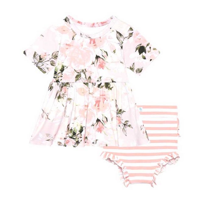 Posh Peanut Vintage Pink Rose Short Sleeve Peplum Ruffled Bummie Set, 18-24M
