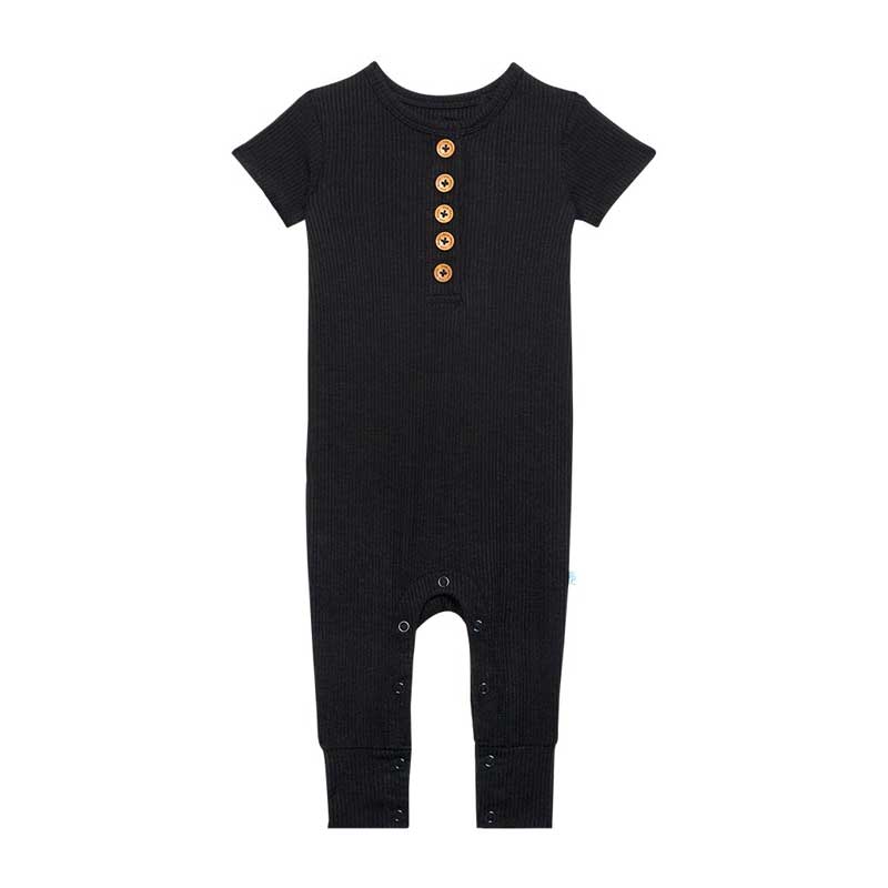 Posh Peanut Black Ribbed Short Sleeve Henley Romper, 0-3M