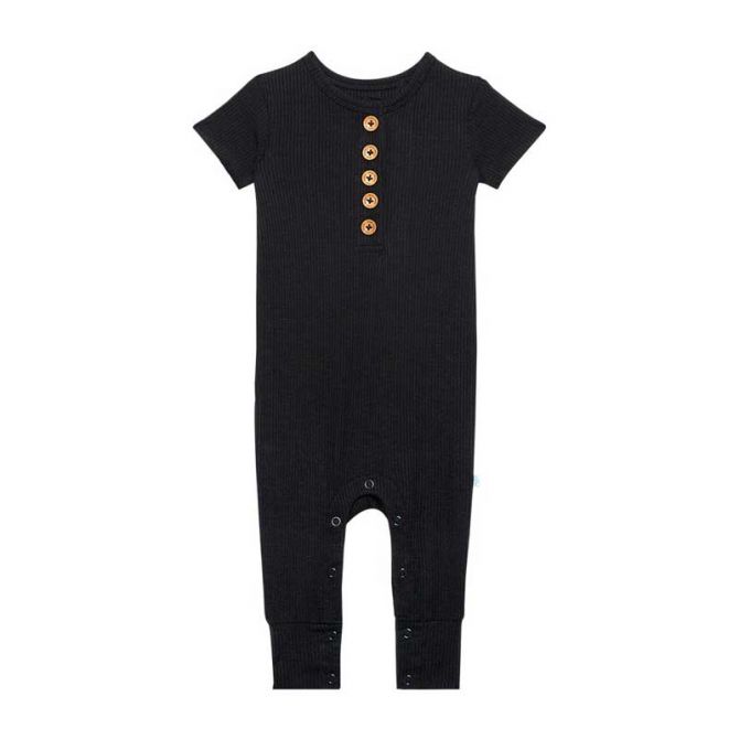Posh Peanut Black Ribbed Short Sleeve Henley Romper, 0-3M