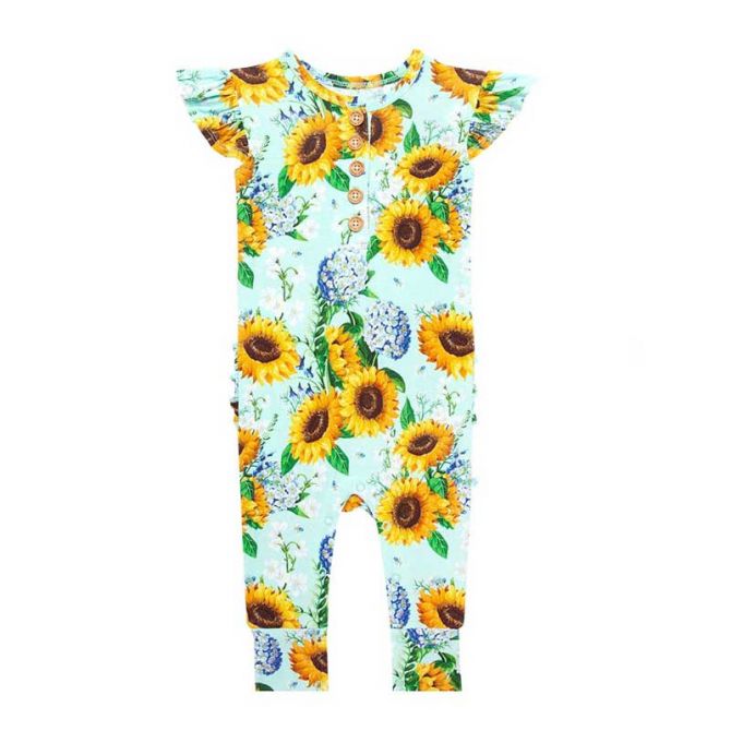 Posh Peanut Sunny Sunflower Ruffled Cap Sleeve Romper, 12-18M