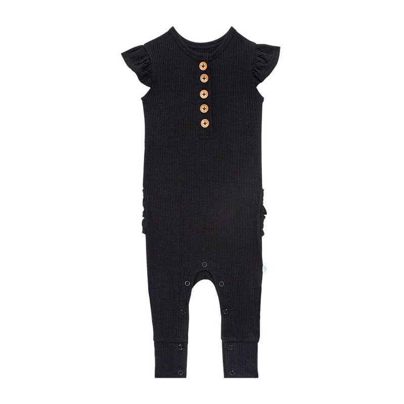Posh Peanut Black Ribbed Ruffled Cap Sleeve Henley Romper, 0-3M