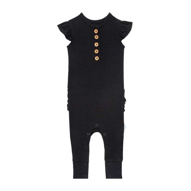Posh Peanut Black Ribbed Ruffled Cap Sleeve Henley Romper, 12-18M