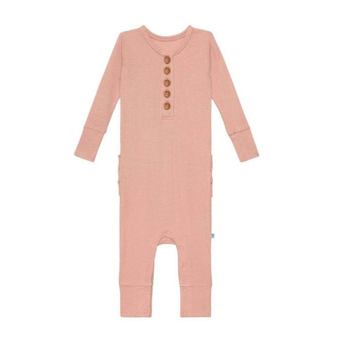 Posh Peanut Desert Rose Waffle Long Sleeve Henley Ruffled Romper, 6-9m