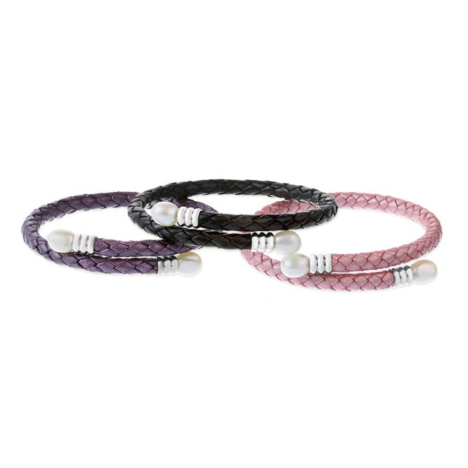 TARA Pearls White Freshwater Cultured Pearl Leather Set of Three Bracelets
