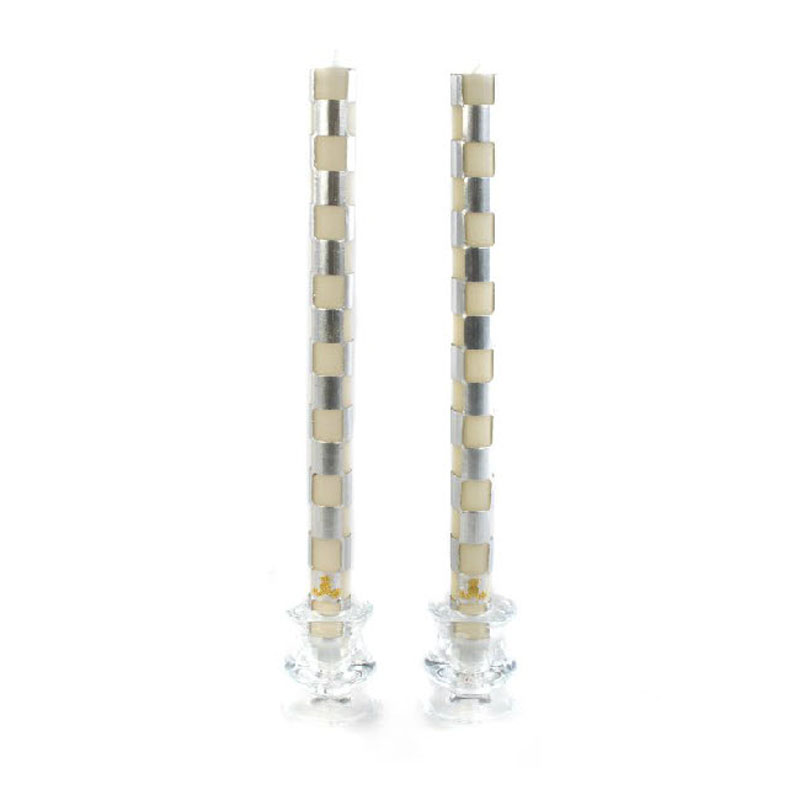 MacKenzie-Childs Silver and Ivory Check Dinner Candles, Set of 2