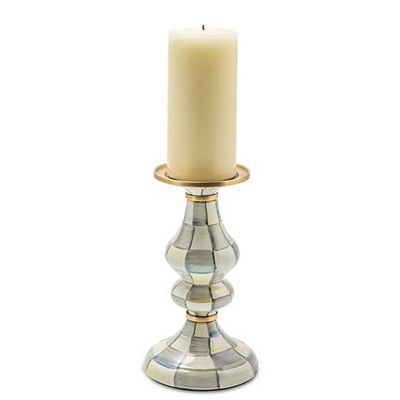 MacKenzie-Childs Sterling Check Enamel Pillar Candlestick, Medium