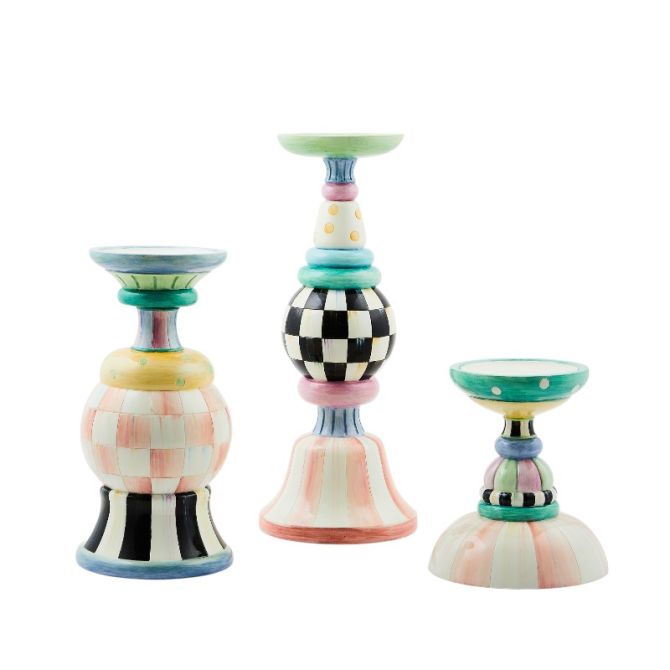 MacKenzie-Childs Rosy Meadow Pillar Candleholders, Set of 3