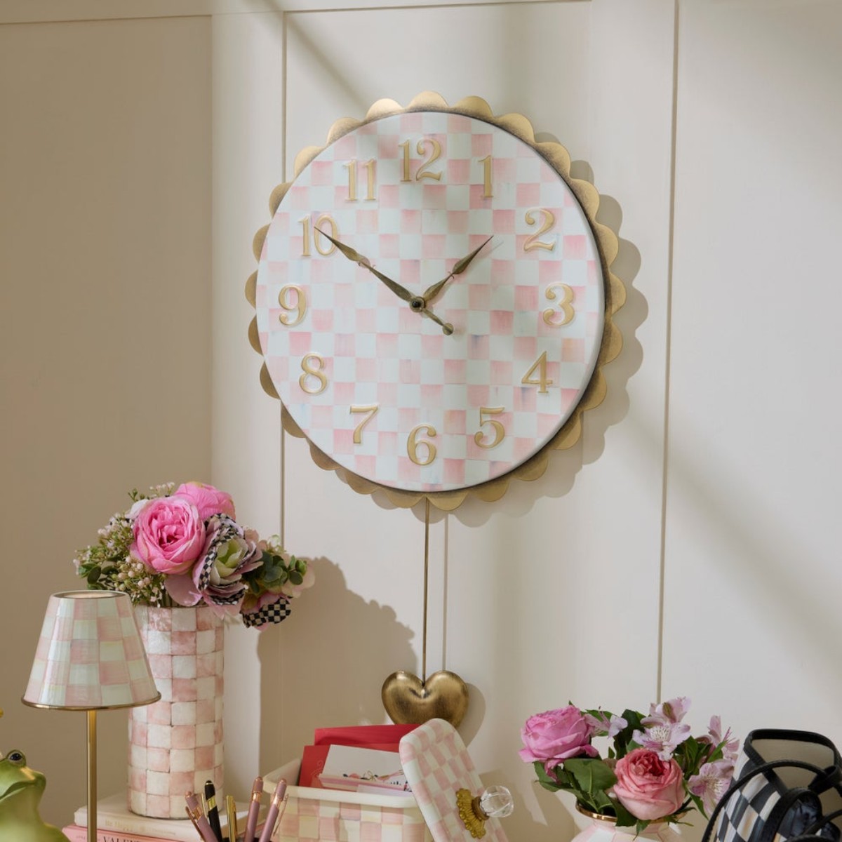 MacKenzie-Childs Heart Pendant Clock, Rosy Check