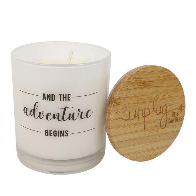 Unplug "And the Adventure Begins" Soy Candle, White Tea