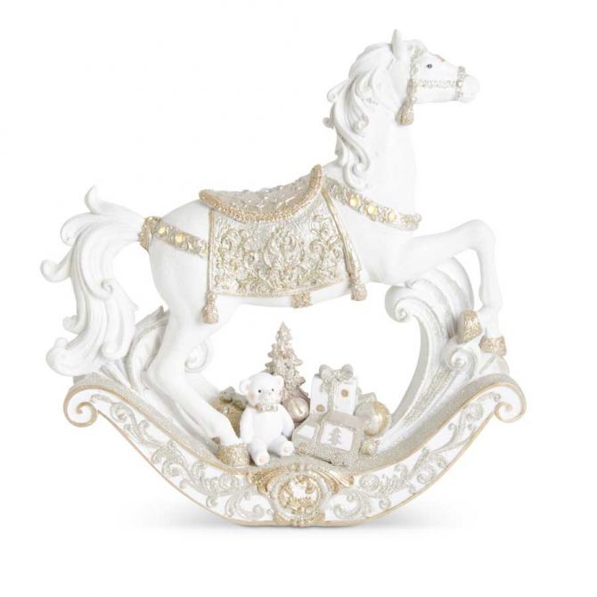 K&K Interiors White Gold and Silver Resin Glittered LED Rocking Horse