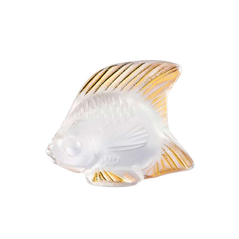 Lalique Fish Sculpture, Clear and Gold Stamped Crystal