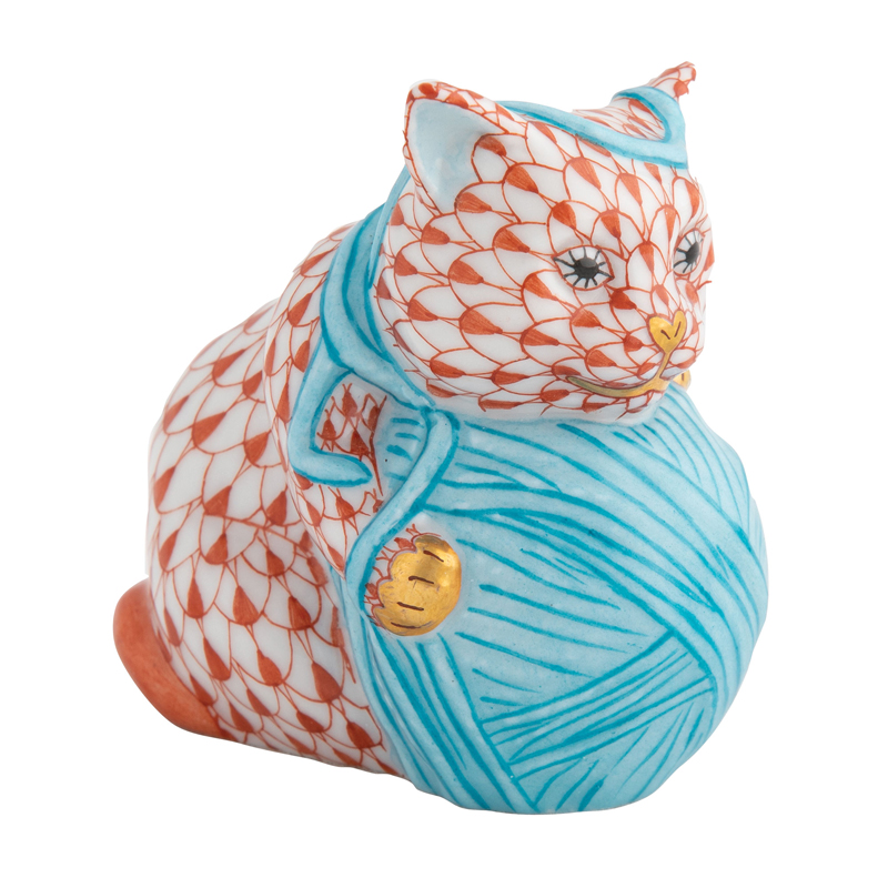 Herend Playful Kitten with Blue Yarn Figure
