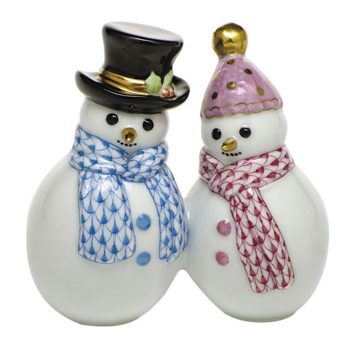 Herend Snowman Couple Figurine, Blue and Raspberry