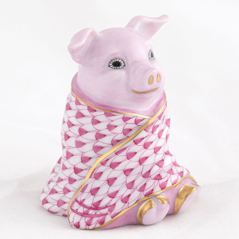 Herend Pig In A Blanket Figurine, Raspberry
