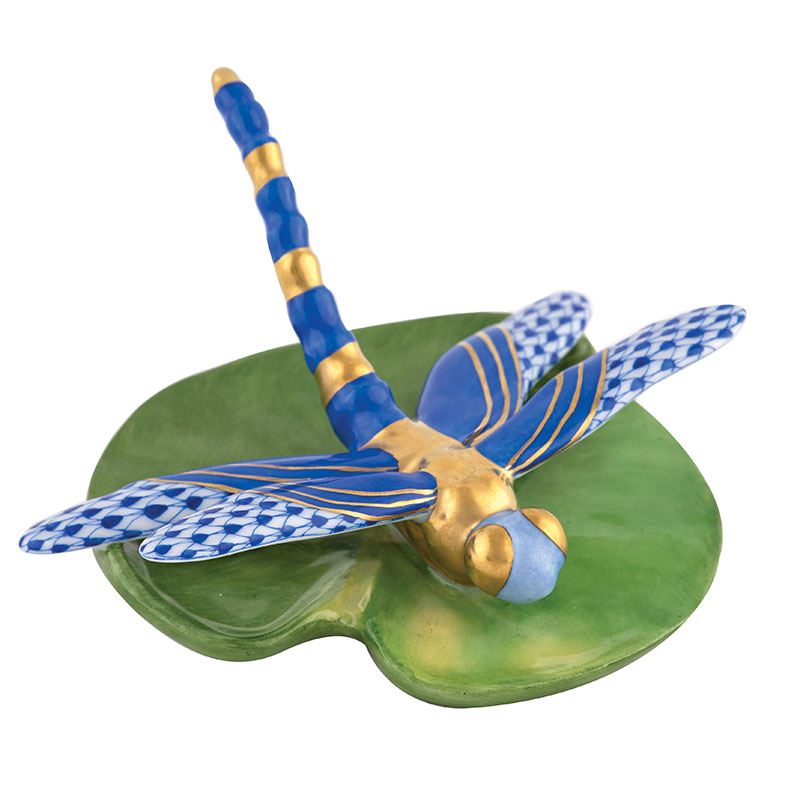 Herend Dragonfly On Lily Pad Figurine, Sapphire