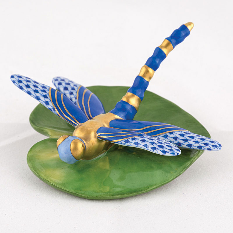 Herend Dragonfly On Lily Pad Figurine, Sapphire