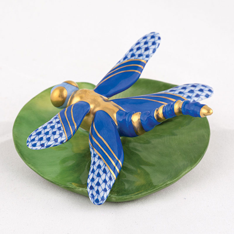Herend Dragonfly On Lily Pad Figurine, Sapphire