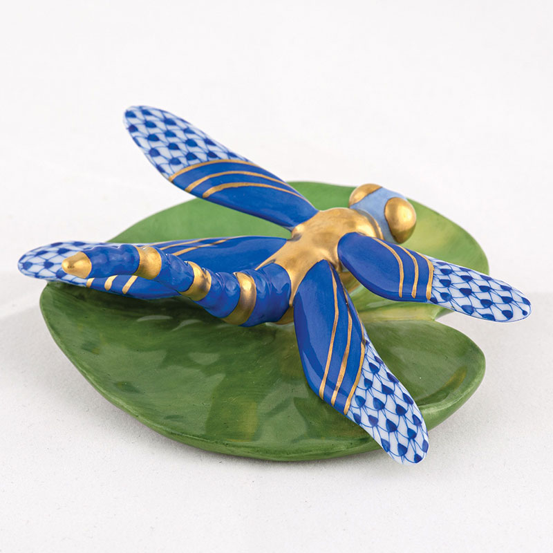 Herend Dragonfly On Lily Pad Figurine, Sapphire