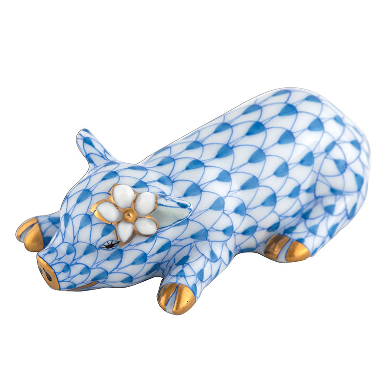 Herend Daisy The Pig Figurine, Blue
