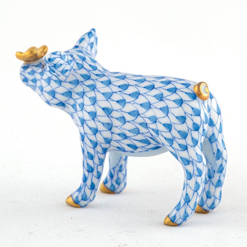 Herend Pig With Butterfly Figurine, Light Blue