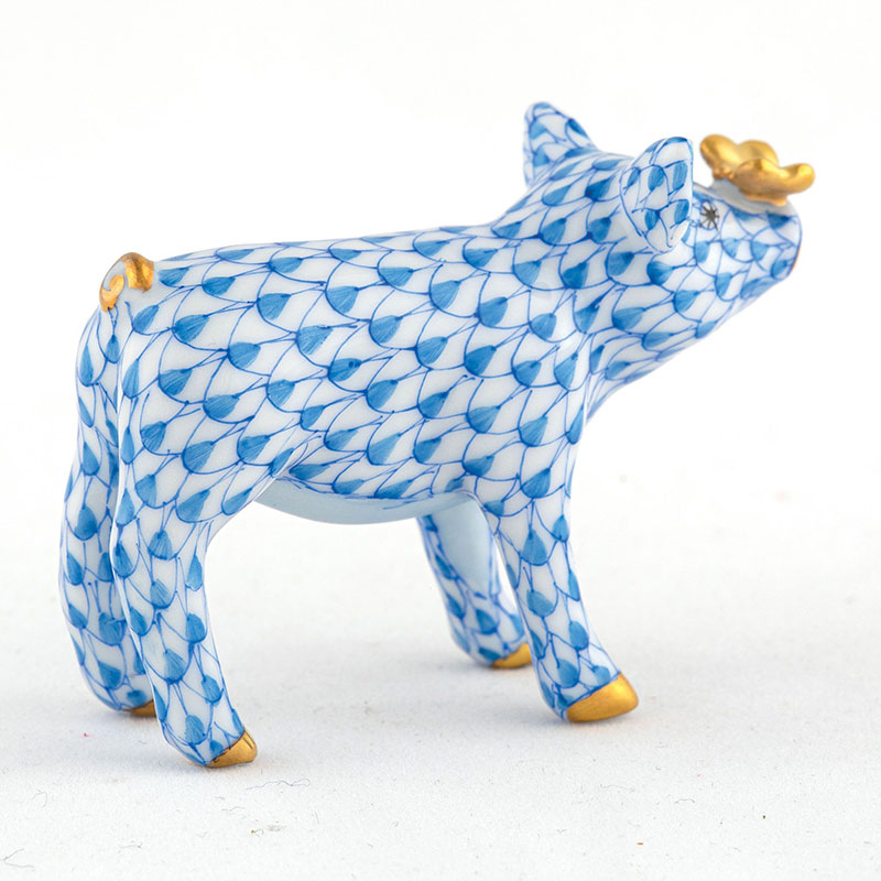 Herend Pig With Butterfly Figurine, Light Blue